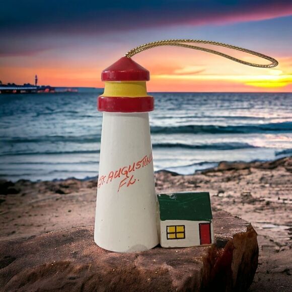 St Augustine FL Lighthouse Christmas Ornament Vintage Wooden Handpainted Coastal - Picture 9 of 13